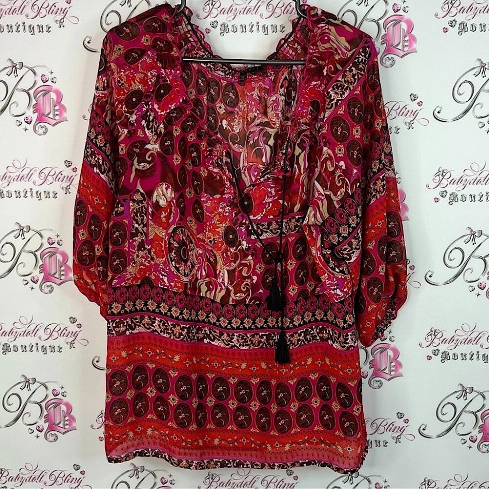 Ispiri blouse tassles smocked flowy boho red pink Women's Paisley Print Blouse